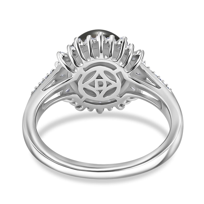 D'Joy Premium Tahitian Pearl and Moissanite 0.50 ctw Sunburst Ring in Rhodium Over Sterling Silver (Size 6.0)