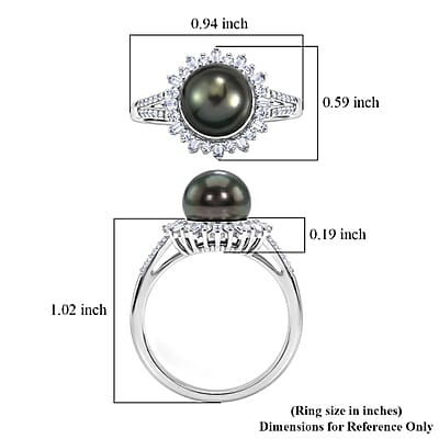 D'Joy Premium Tahitian Pearl and Moissanite 0.50 ctw Sunburst Ring in Rhodium Over Sterling Silver (Size 6.0)