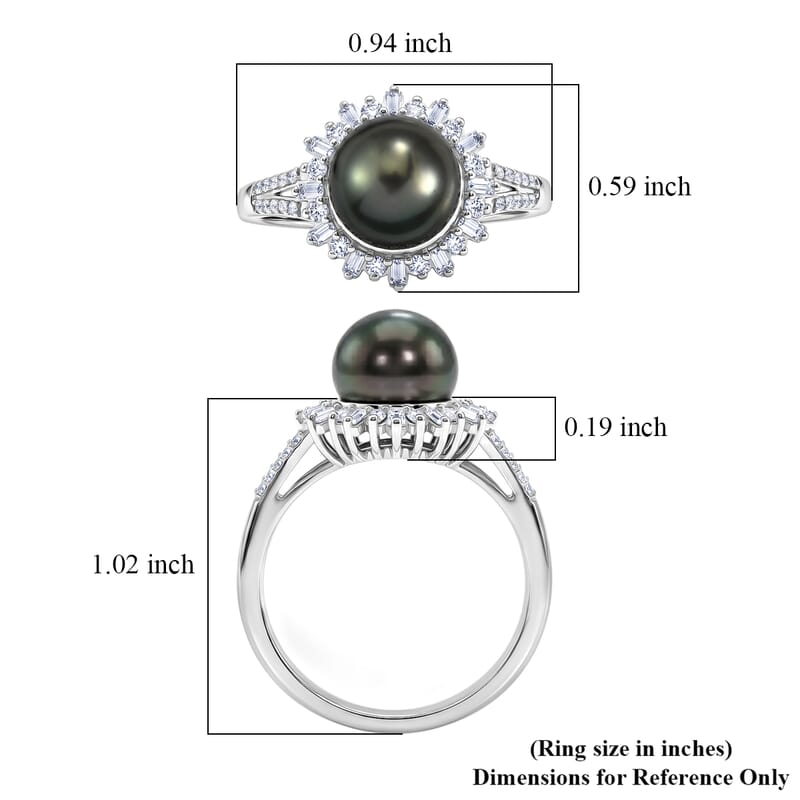 D'Joy Premium Tahitian Pearl and Moissanite 0.50 ctw Sunburst Ring in Rhodium Over Sterling Silver (Size 6.0)