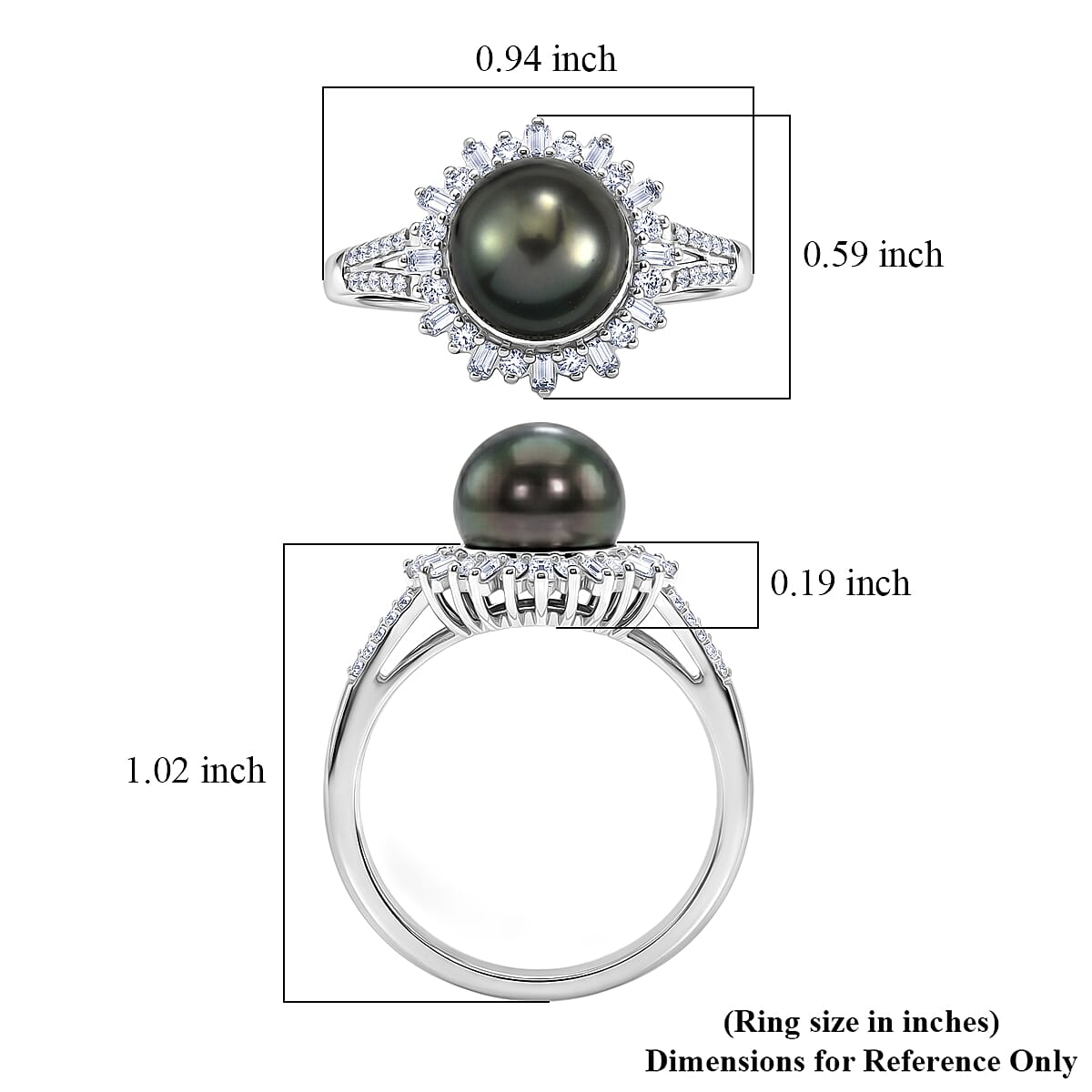 D'Joy Premium Tahitian Pearl and Moissanite 0.50 ctw Sunburst Ring in Rhodium Over Sterling Silver (Size 7.0)