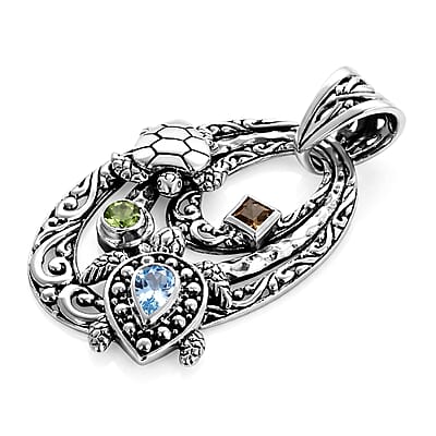 D'Joy Bali Legacy Sky Blue Topaz and Multi Gemstone 1.10 ctw Pendant without Chain in Sterling Silver