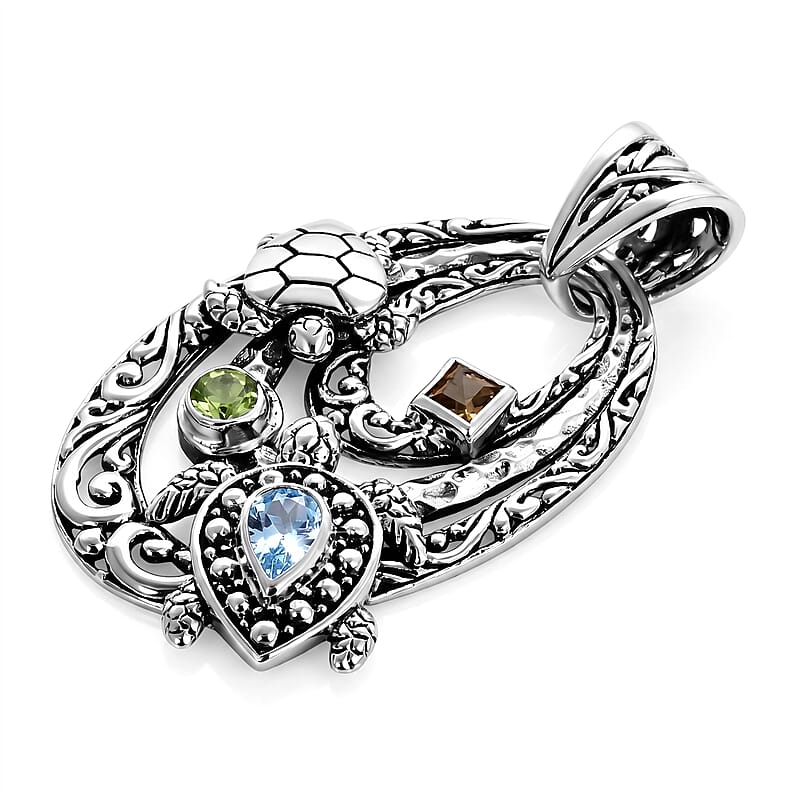 D'Joy Bali Legacy Sky Blue Topaz and Multi Gemstone 1.10 ctw Pendant without Chain in Sterling Silver