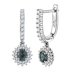 D'Joy Montana Sapphire and White Zircon 2.40 ctw Floral Halo Earrings Rhodium Over Sterling Silver (Del. in 8-10 Days)