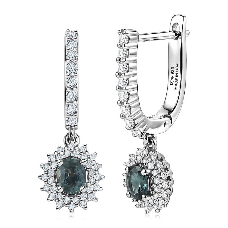D'Joy Montana Sapphire and White Zircon 2.40 ctw Floral Halo Earrings Rhodium Over Sterling Silver