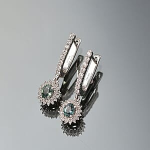 D'Joy Montana Sapphire and White Zircon 2.40 ctw Floral Halo Earrings Rhodium Over Sterling Silver (Del. in 8-10 Days)