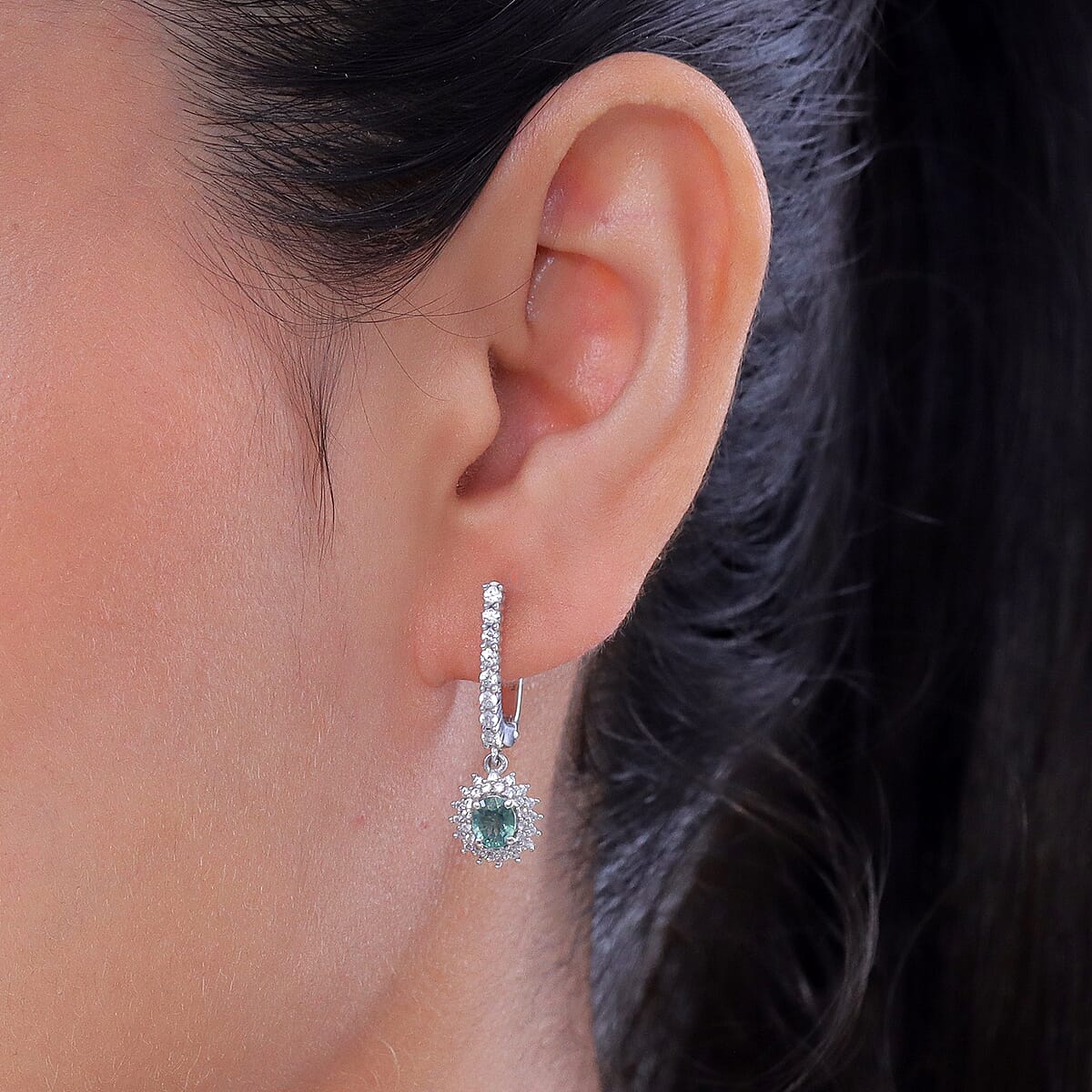 D'Joy Montana Sapphire and White Zircon 2.40 ctw Floral Halo Earrings Rhodium Over Sterling Silver (Del. in 8-10 Days) image number 2