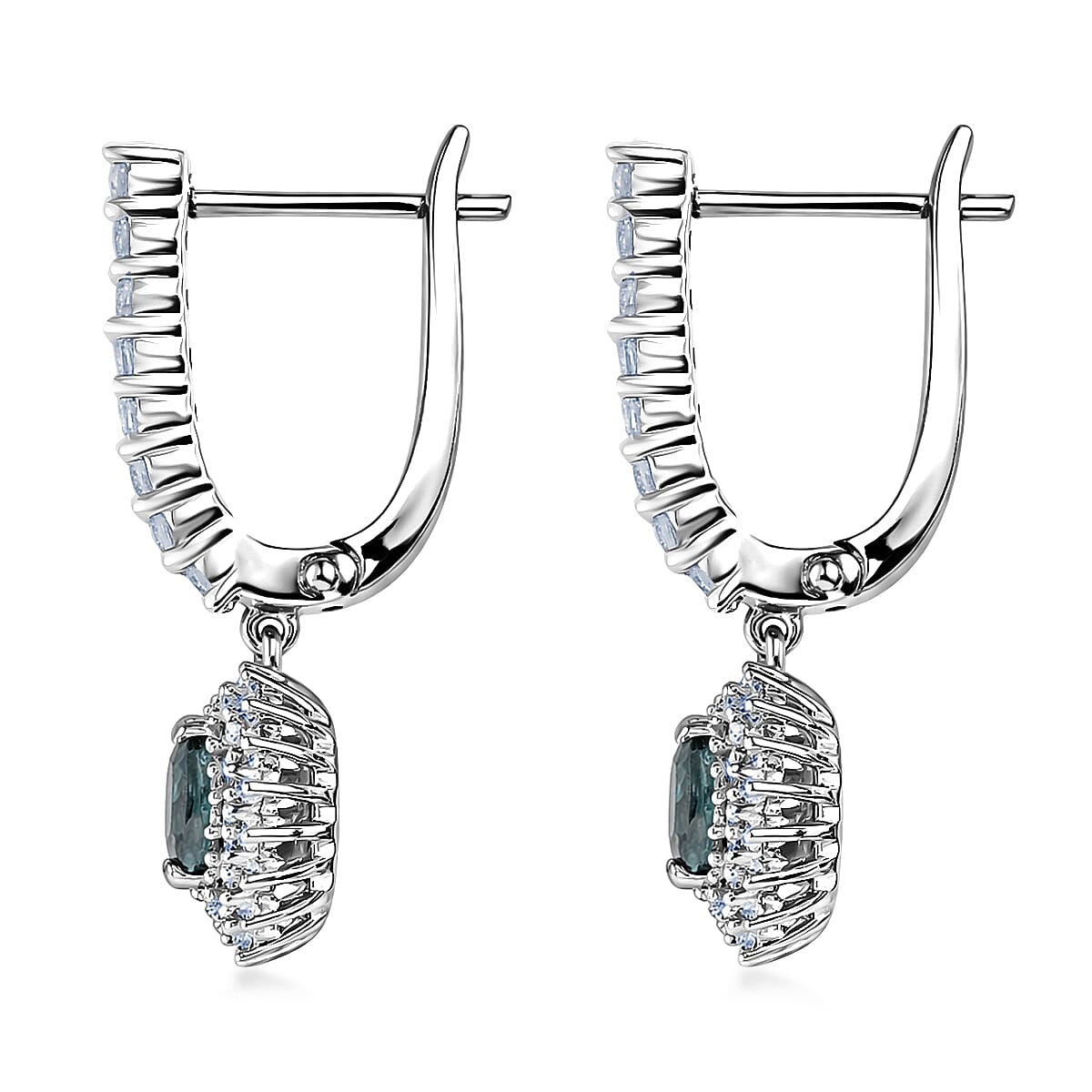D'Joy Montana Sapphire and White Zircon 2.40 ctw Floral Halo Earrings Rhodium Over Sterling Silver (Del. in 8-10 Days) image number 3