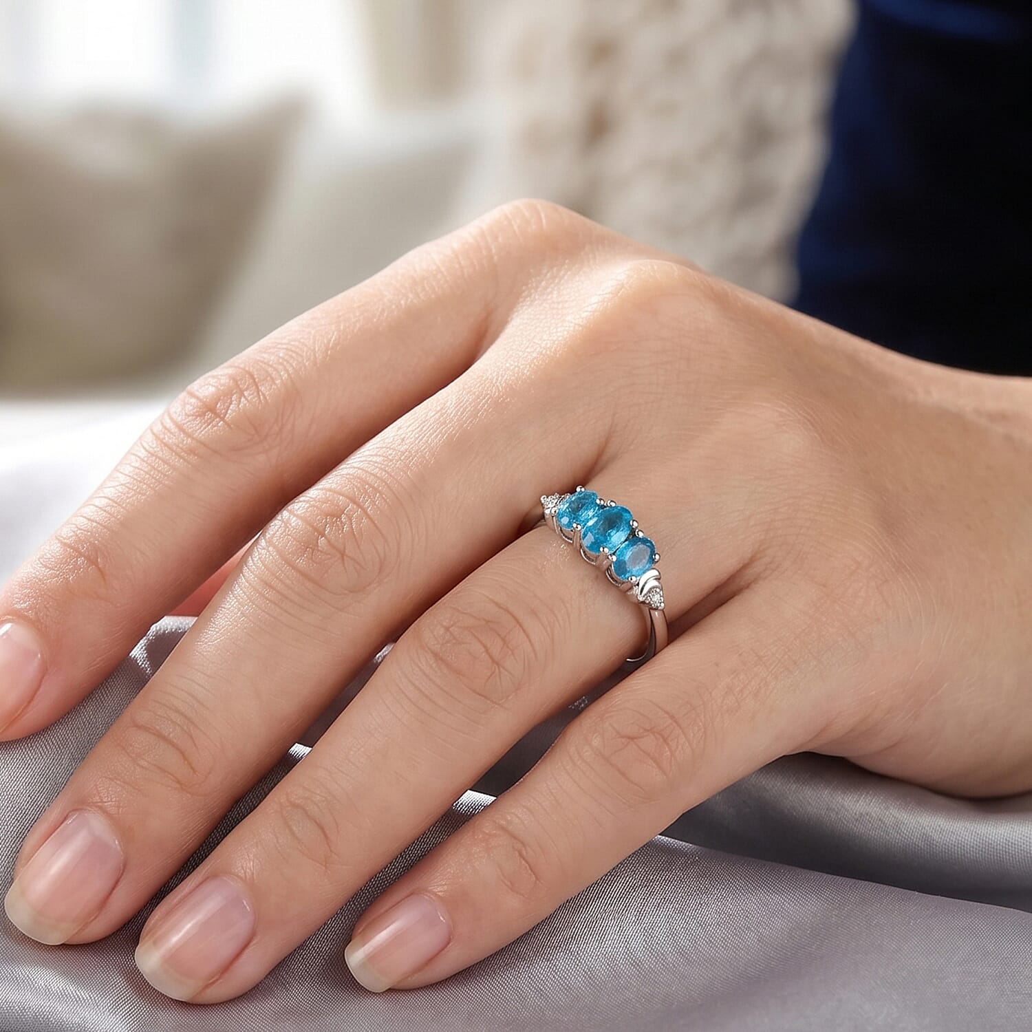 D'Joy Malgache Neon Apatite and Moissanite 0.60 ctw Ring in Rhodium Over Sterling Silver (Size 6.0)