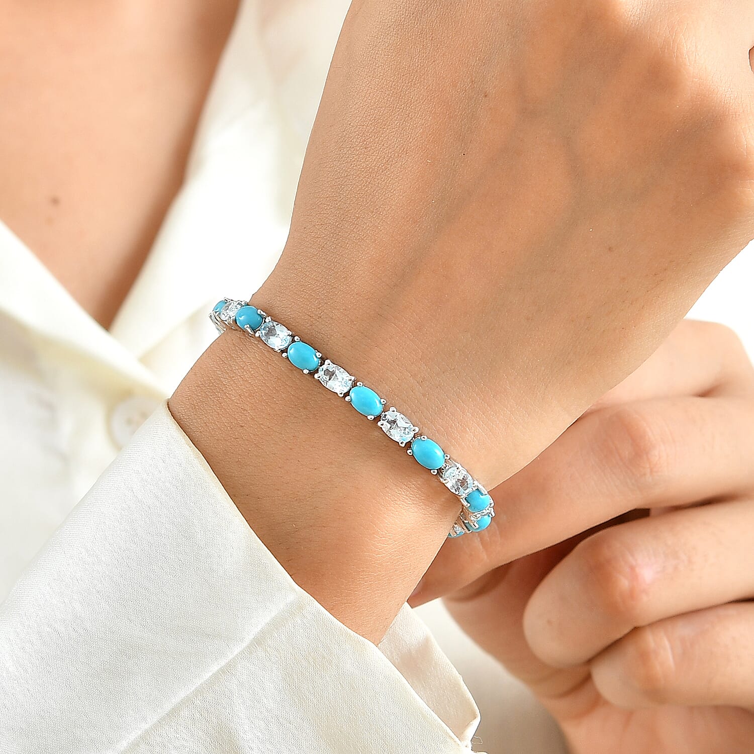 EverTrue Sky Blue Topaz and Egyptian Turquoise 14.40 ctw Bracelet in Platinum Bond (7.25 In)