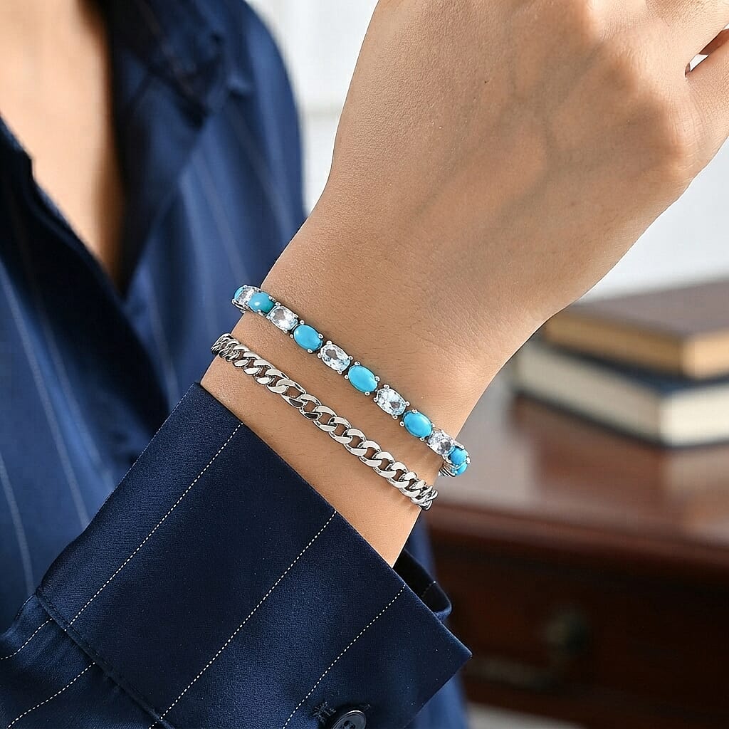 EverTrue Sky Blue Topaz and Egyptian Turquoise 14.40 ctw Bracelet in Platinum Bond (7.25 In)