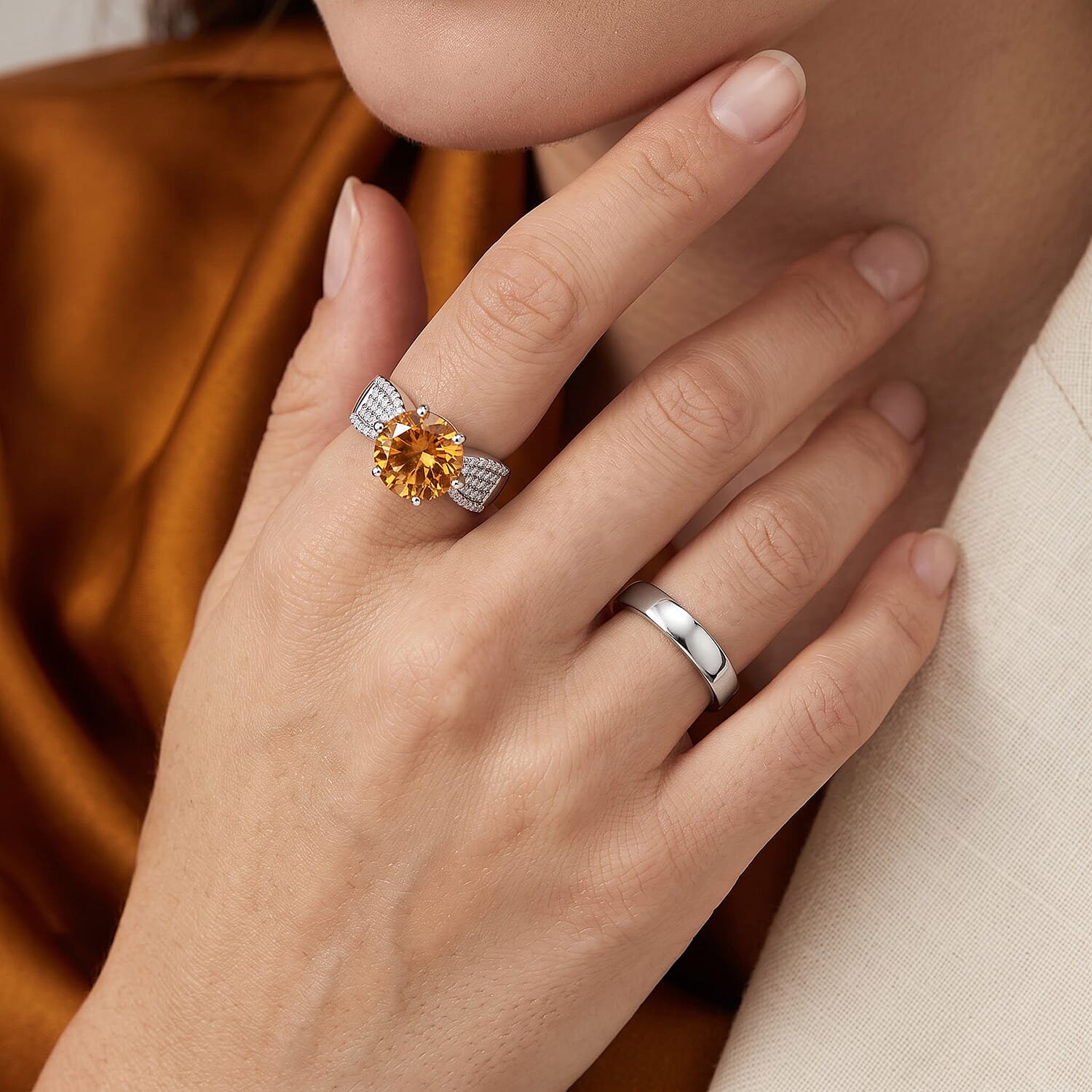 EverTrue Brazilian Citrine and White Zircon 5.60 ctw Ring in Platinum Bond (Size 6.0)