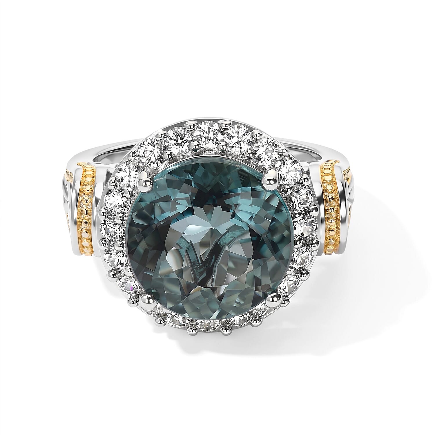 EverTrue Teal Fluorite and White Zircon 8.60 ctw Solitaire Ring in 18K YG Plated and Platinum Bond (Size 6.0)