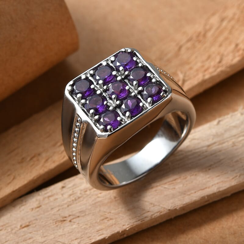 EverTrue African Amethyst 2.10 ctw Men's Ring in Stainless Steel (Size 11.0)