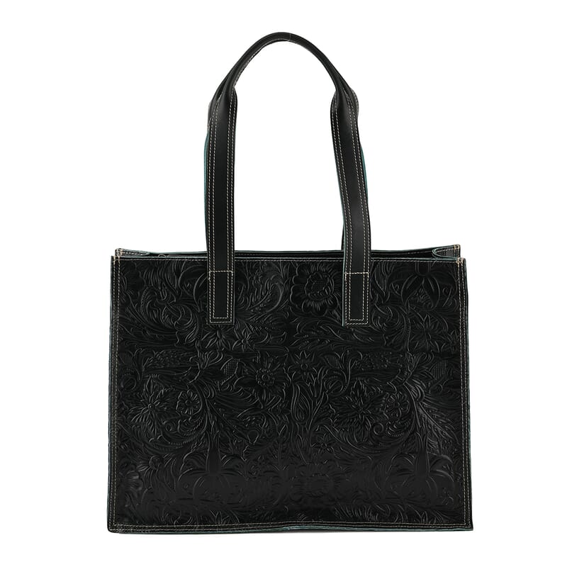 La Marey Green Embossed Pattern Genuine Leather Tote Bag with Long Strap