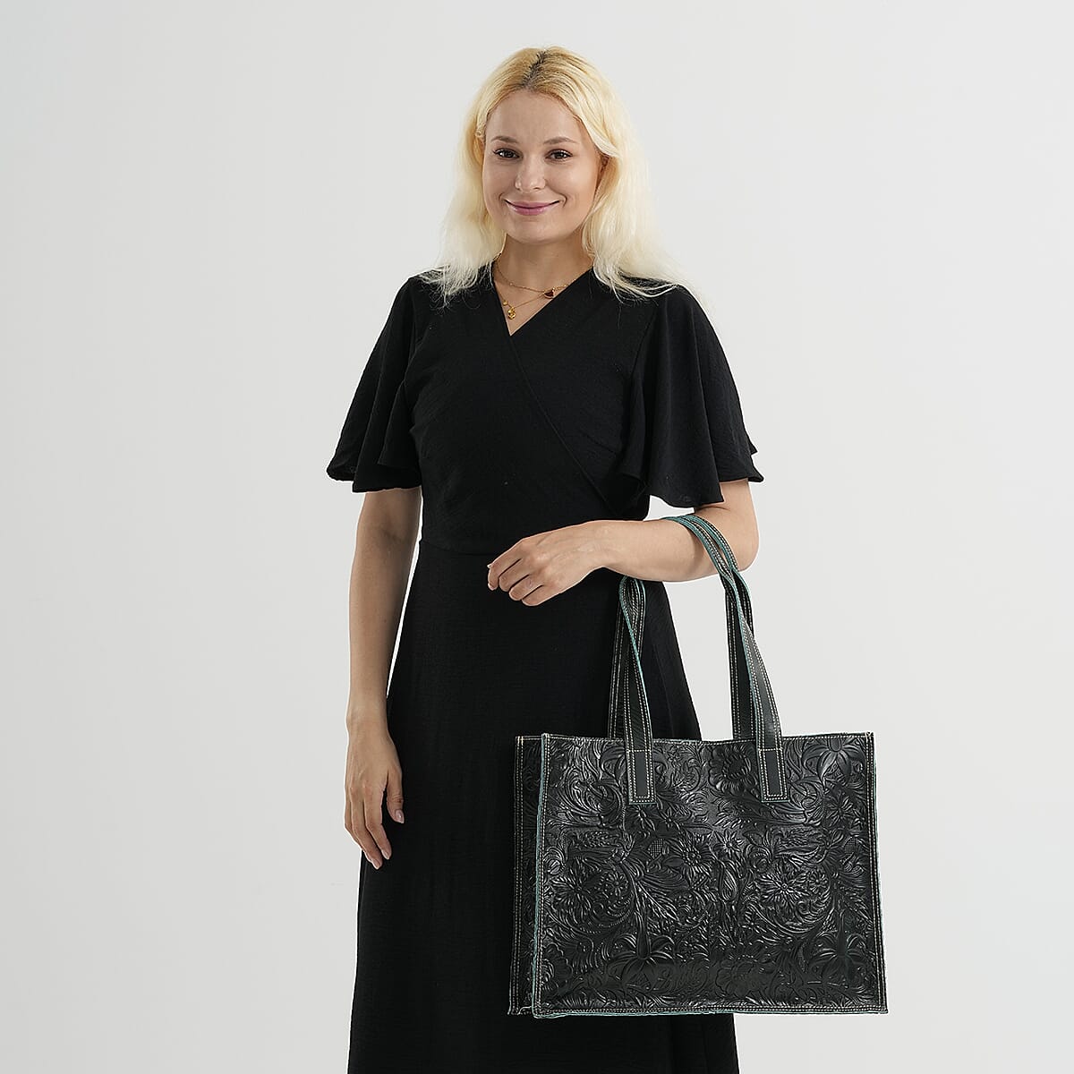 La Marey Green Embossed Pattern Genuine Leather Tote Bag with Long Strap