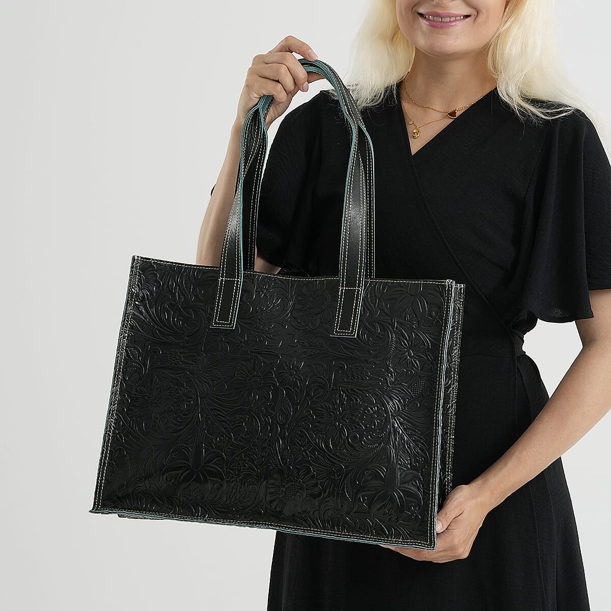 La Marey Green Embossed Pattern Genuine Leather Tote Bag with Long Strap