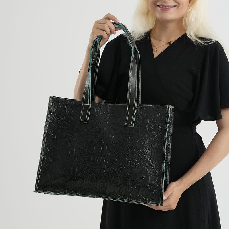 La Marey Green Embossed Pattern Genuine Leather Tote Bag with Long Strap