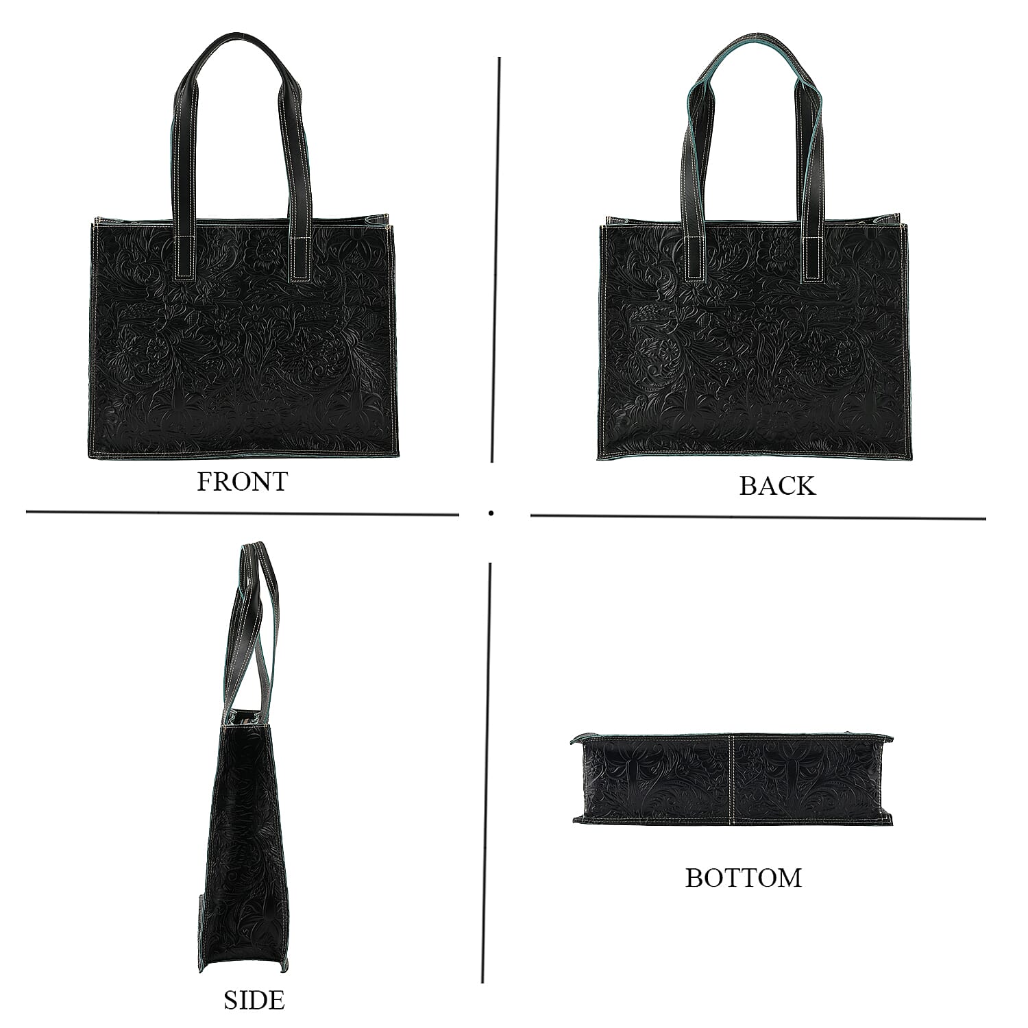 La Marey Green Embossed Pattern Genuine Leather Tote Bag with Long Strap