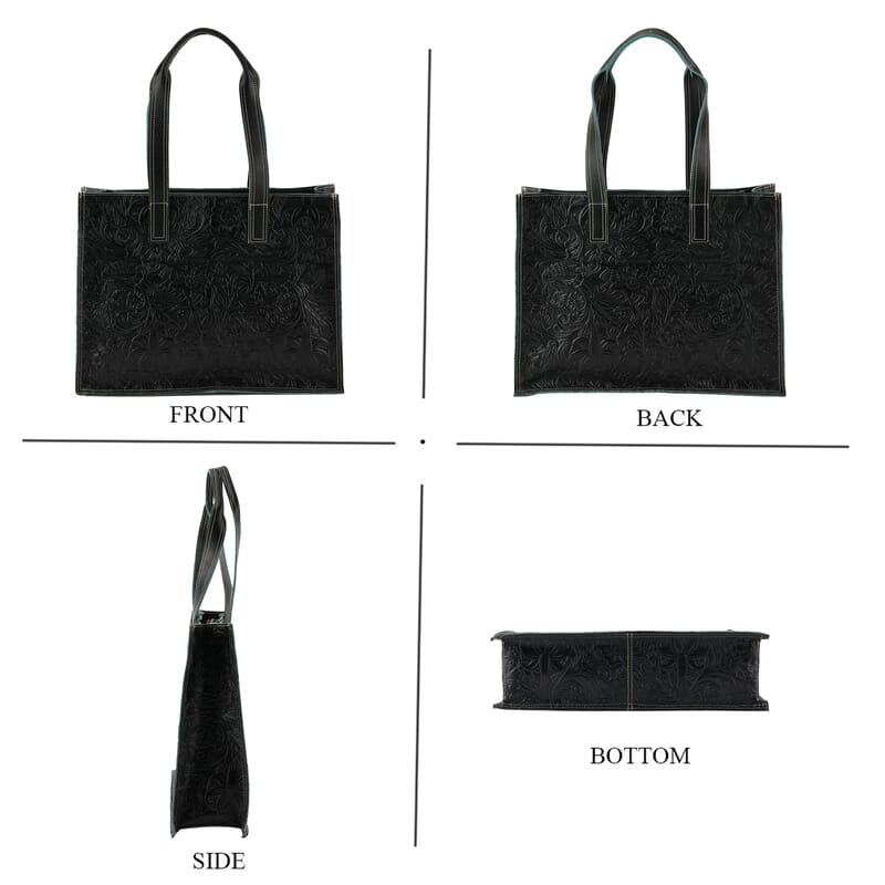La Marey Green Embossed Pattern Genuine Leather Tote Bag with Long Strap