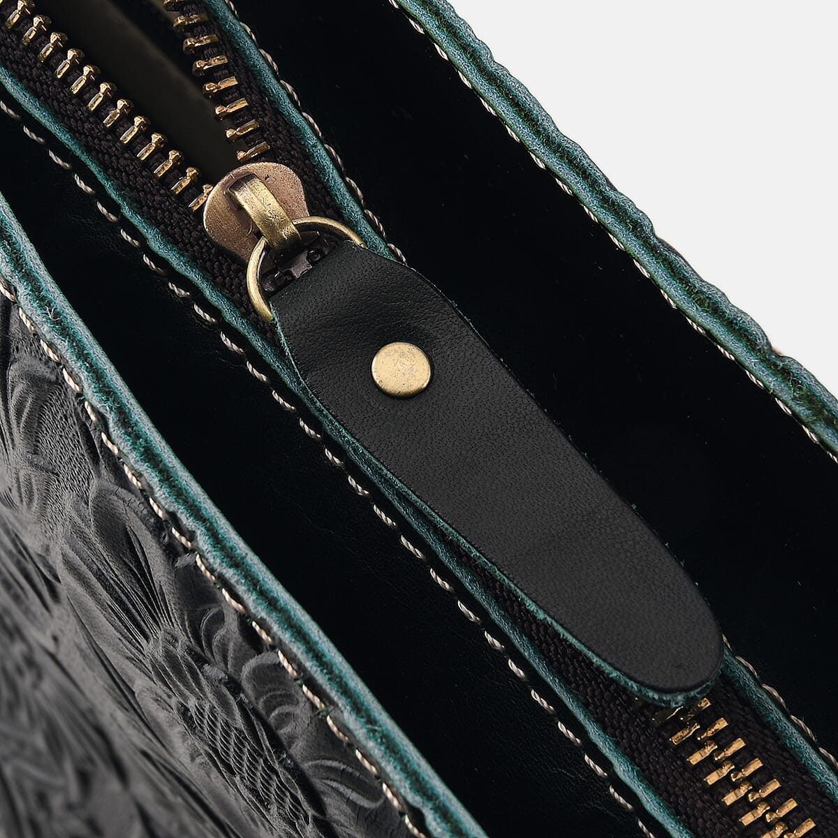 La Marey Green Embossed Pattern Genuine Leather Tote Bag with Long Strap