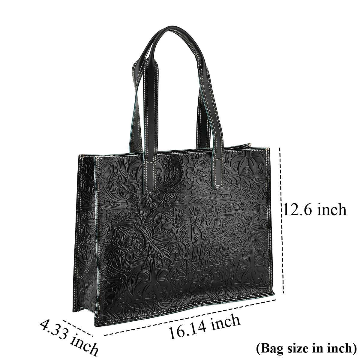 La Marey Green Embossed Pattern Genuine Leather Tote Bag with Long Strap