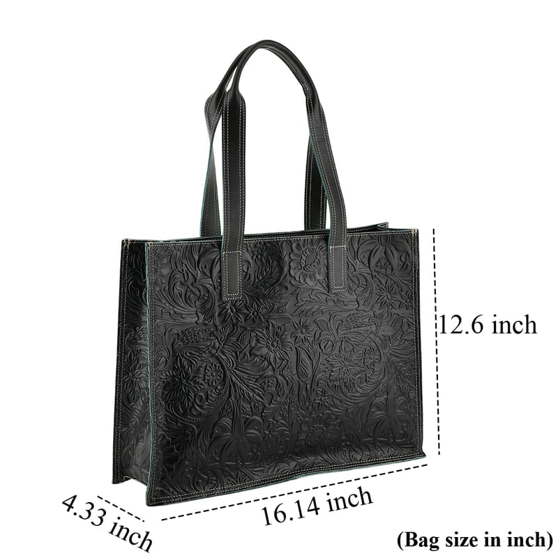 La Marey Green Embossed Pattern Genuine Leather Tote Bag with Long Strap
