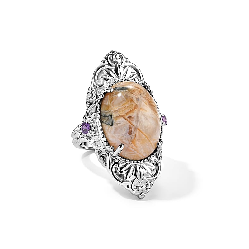 EverTrue Crazy Lace Agate and Amethyst 15.35 ctw Ring in Stainless Steel (Size 6.0)
