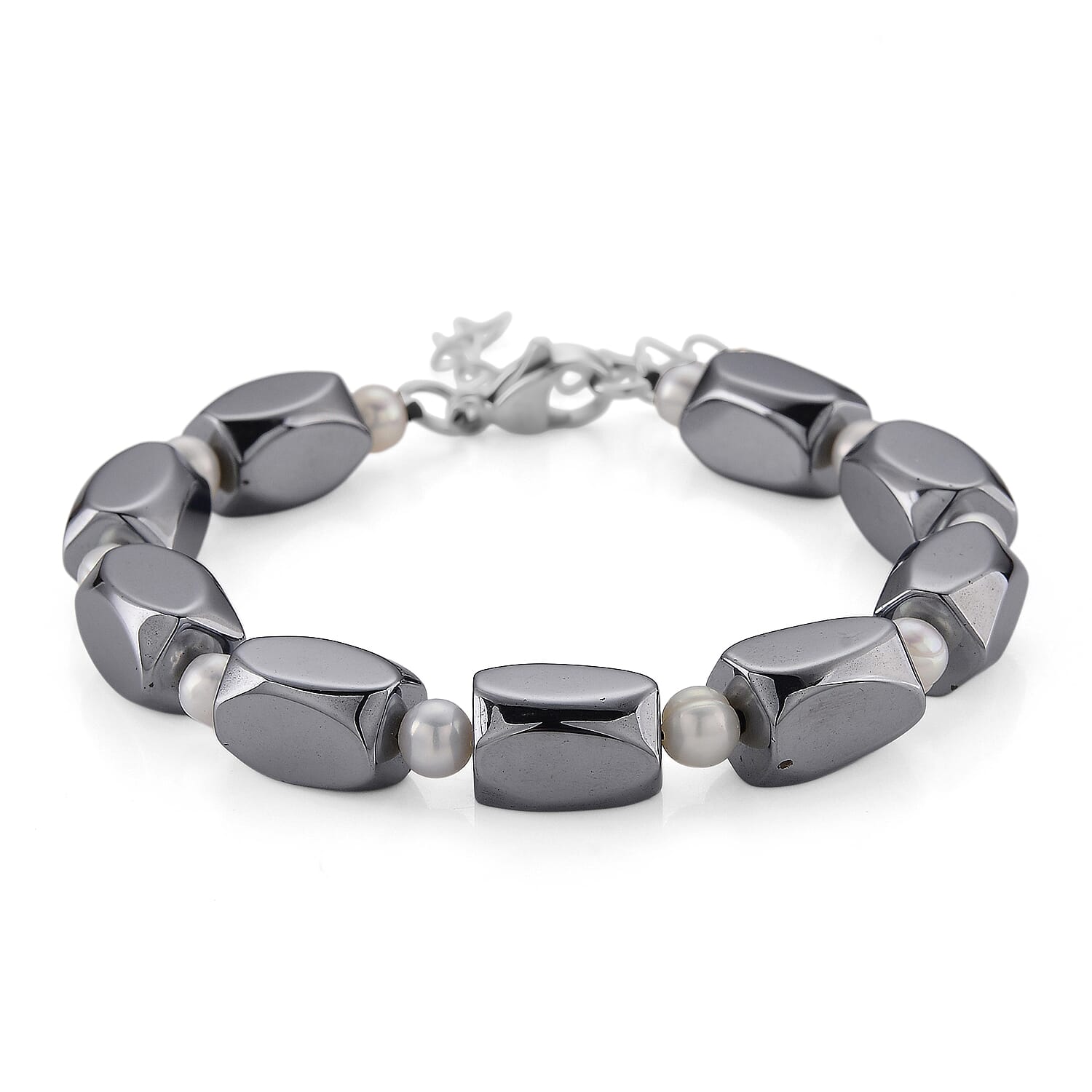 Terahertz and White Freshwater Pearl 80.00 ctw Beaded Bracelet in Stainless Steel