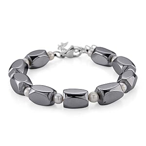 Terahertz and White Freshwater Pearl 80.00 ctw Beaded Bracelet in Stainless Steel