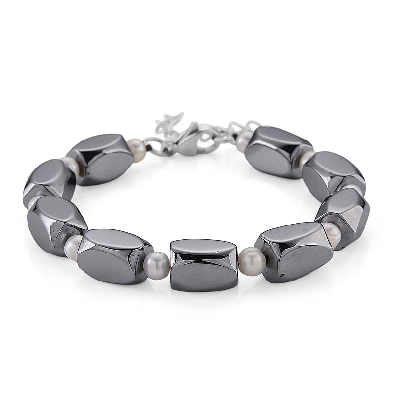 Terahertz and White Freshwater Pearl 80.00 ctw Beaded Bracelet in Stainless Steel