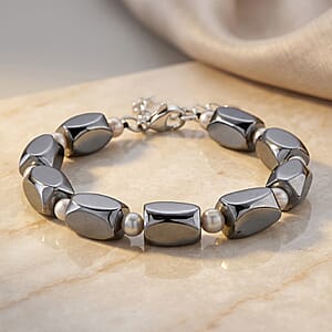 Terahertz and White Freshwater Pearl 80.00 ctw Beaded Bracelet in Stainless Steel