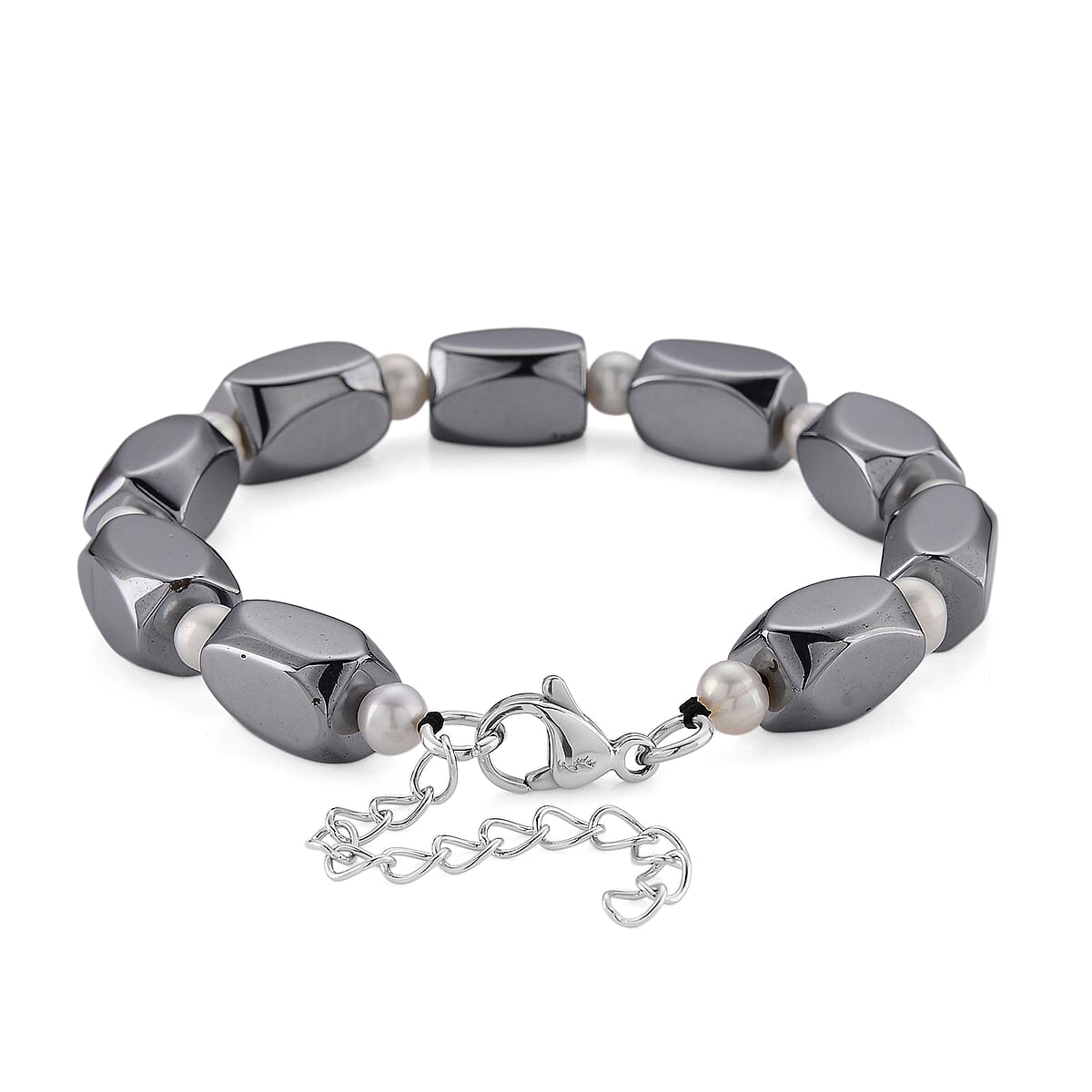 Terahertz and White Freshwater Pearl 80.00 ctw Beaded Bracelet in Stainless Steel image number 3