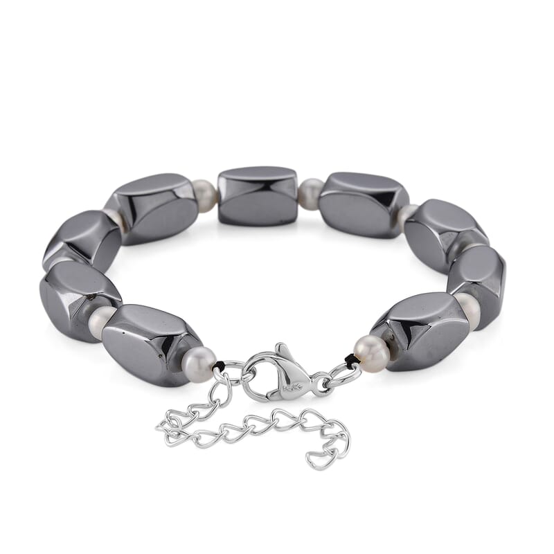 Terahertz and White Freshwater Pearl 80.00 ctw Beaded Bracelet in Stainless Steel