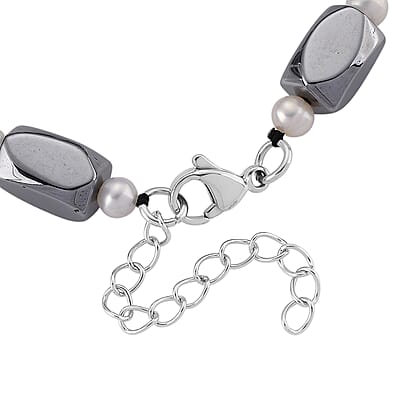 Terahertz and White Freshwater Pearl 80.00 ctw Beaded Bracelet in Stainless Steel