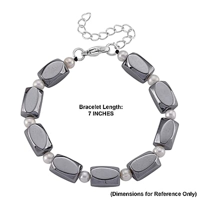 Terahertz and White Freshwater Pearl 80.00 ctw Beaded Bracelet in Stainless Steel