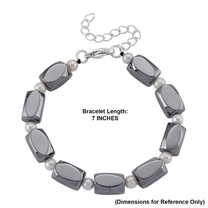 Terahertz and White Freshwater Pearl 80.00 ctw Beaded Bracelet in Stainless Steel