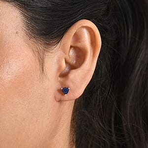 Kanchanaburi Blue Sapphire (DF) 1.10 ctw Stud Earrings in Rhodium Over Sterling Silver