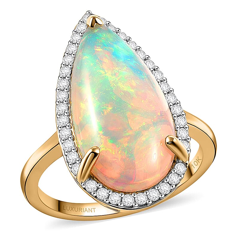 Premium Ethiopian Welo Opal and Luxuriant Lab Grown Diamond G-H SI 5.80 ctw Prism Flame Ring in 10K Yellow Gold (Size 11.0) 4.03 Grams
