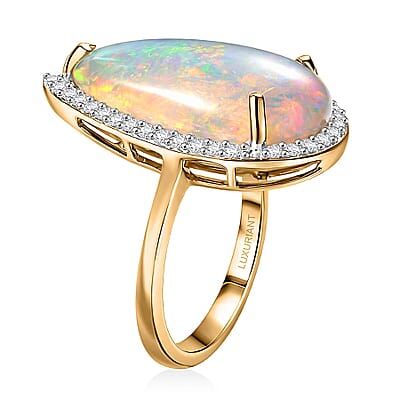 Premium Ethiopian Welo Opal and Luxuriant Lab Grown Diamond G-H SI 5.80 ctw Prism Flame Ring in 10K Yellow Gold (Size 11.0) 4.03 Grams