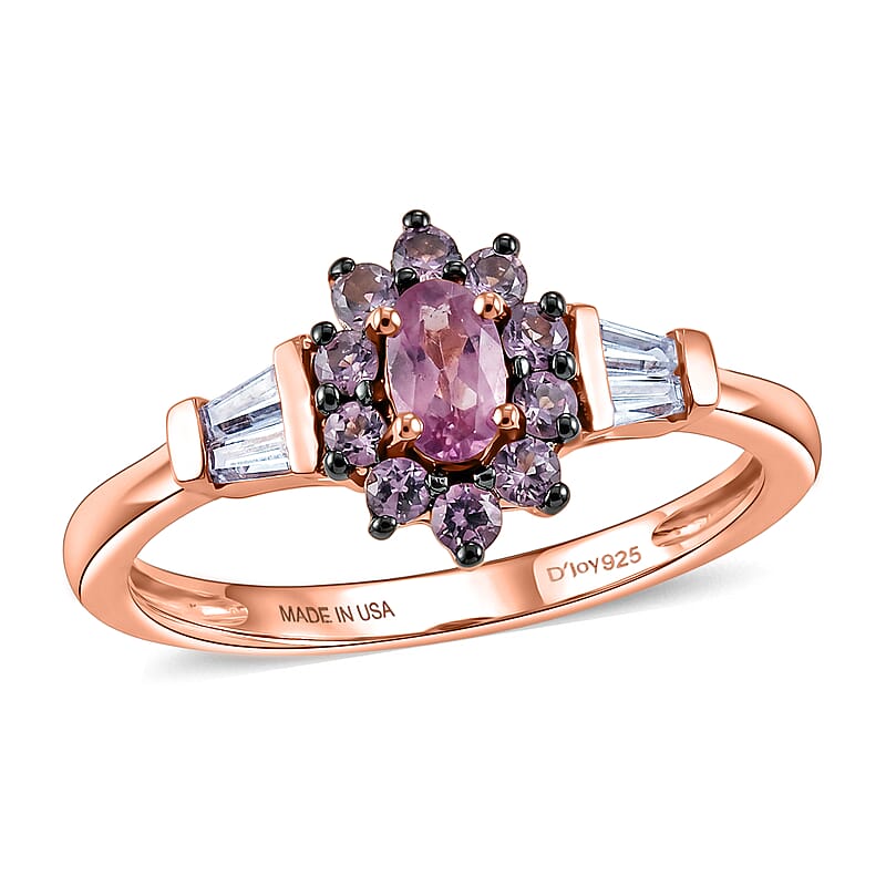 D'Joy Narsipatnam Purple Spinel and Moissanite 0.75 ctw Halo Reign Ring in 18K Vermeil Rose Gold Over Sterling Silver (Size 5.0)