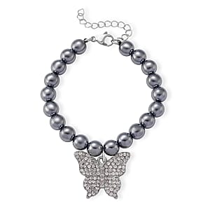 Terahertz, Austrian Crystal 75.00 ctw Beaded Bracelet with Butterfly Charm in Silvertone & Stainless Steel (7-9In)