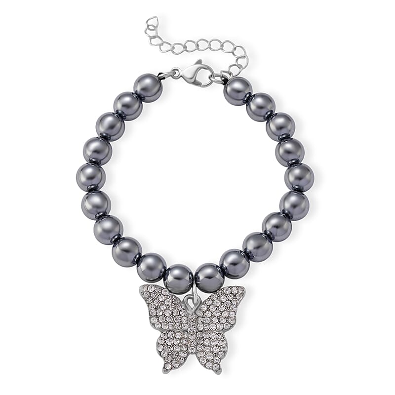 Terahertz, Austrian Crystal 75.00 ctw Beaded Bracelet with Butterfly Charm in Silvertone & Stainless Steel (7-9In)