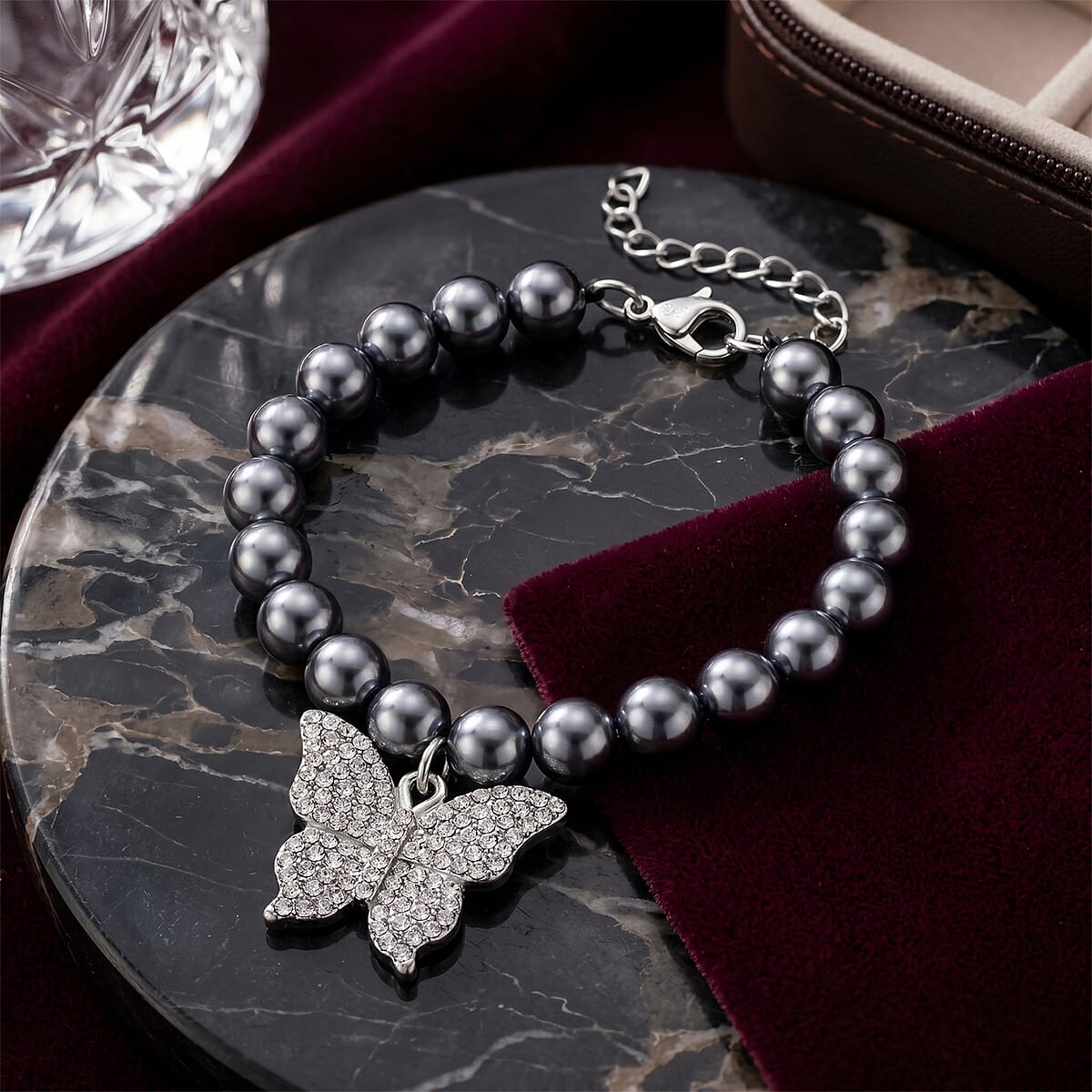 Terahertz, Austrian Crystal 75.00 ctw Beaded Bracelet with Butterfly Charm in Silvertone & Stainless Steel (7-9In) image number 1