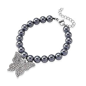 Terahertz, Austrian Crystal 75.00 ctw Beaded Bracelet with Butterfly Charm in Silvertone & Stainless Steel (7-9In)