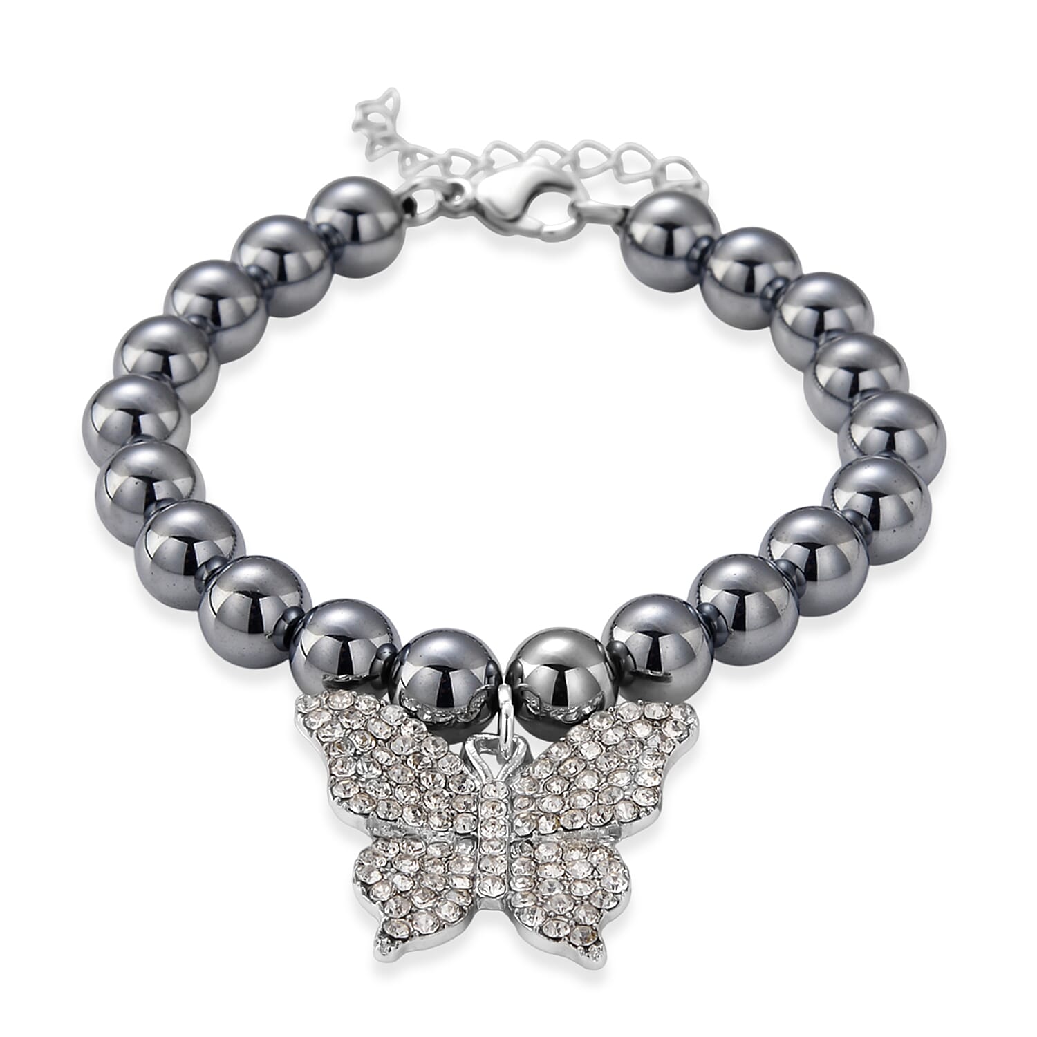 Terahertz, Austrian Crystal 75.00 ctw Beaded Bracelet with Butterfly Charm in Silvertone & Stainless Steel (7-9In)
