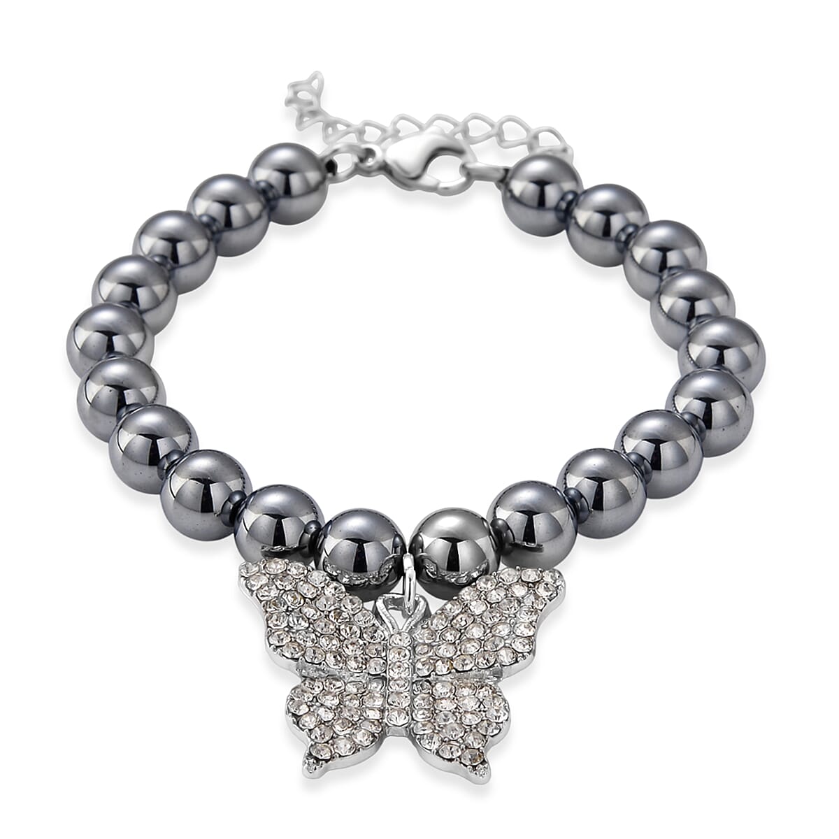 Terahertz, Austrian Crystal 75.00 ctw Beaded Bracelet with Butterfly Charm in Silvertone & Stainless Steel (7-9In) image number 4