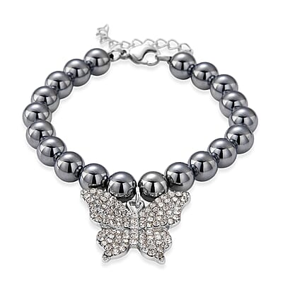 Terahertz, Austrian Crystal 75.00 ctw Beaded Bracelet with Butterfly Charm in Silvertone & Stainless Steel (7-9In)