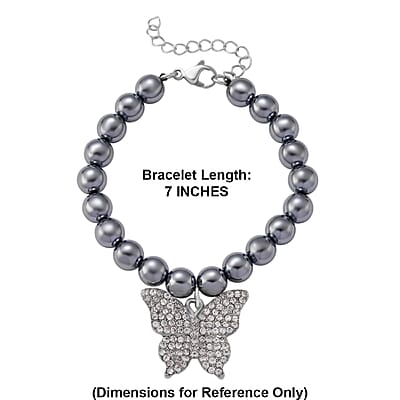 Terahertz, Austrian Crystal 75.00 ctw Beaded Bracelet with Butterfly Charm in Silvertone & Stainless Steel (7-9In)