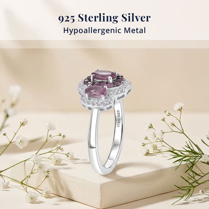 D'Joy Narsipatnam Purple Spinel and Multi Gemstone 1.65 ctw Velvet Trinity Ring in Rhodium Over Sterling Silver (Size 10.0)