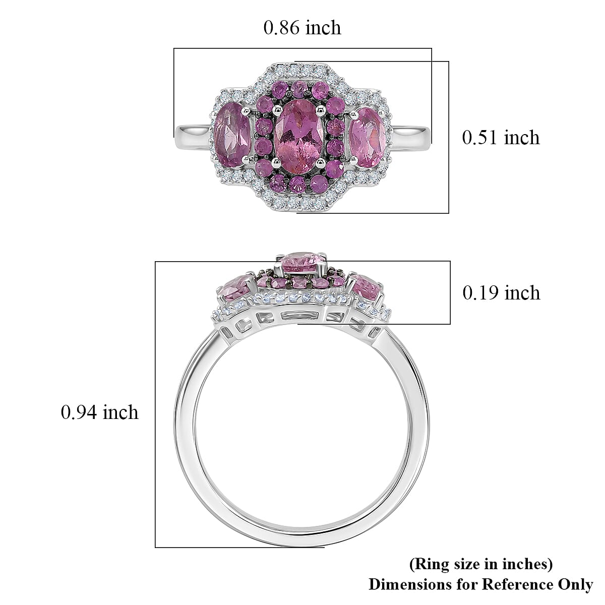 D'Joy Narsipatnam Purple Spinel and Multi Gemstone 1.65 ctw Velvet Trinity Ring in Rhodium Over Sterling Silver (Size 10.0)